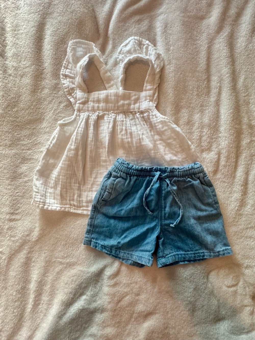 Old Navy White Ruffle Strap Top with Blue Denim-Look Kids Shorts